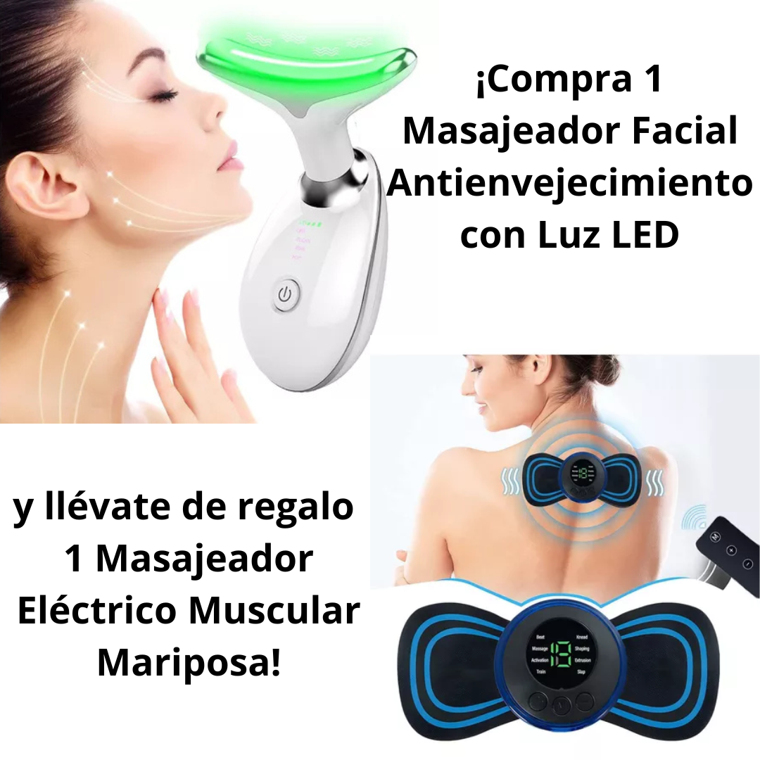 "Tono Perfecto" - Masajeador facial Antienvejecimiento con Luz LED + Masajeador Eléctrico Muscular Mariposa